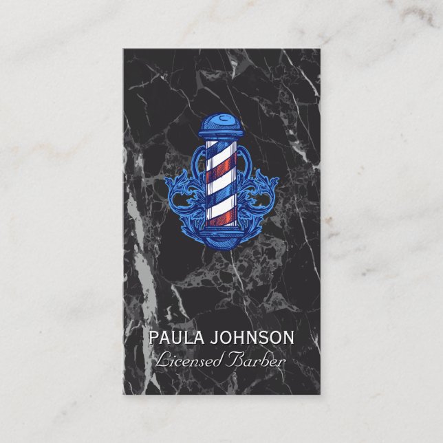 Barber Striped Pole | Black Marble Business Card (Front)