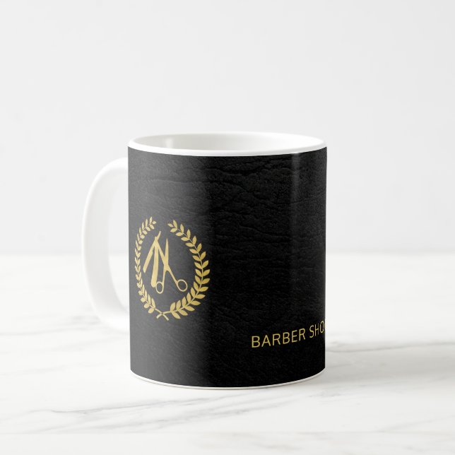 Barber stylist luxury gold and black leather coffee mug (Front Left)