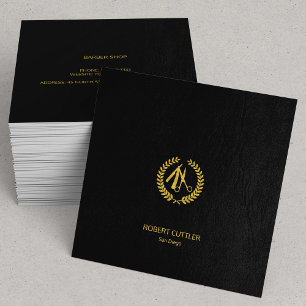Barber stylist luxury gold black leather look square business card