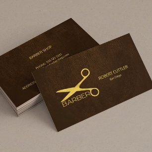 Barber stylist luxury gold dark brown leather look business card