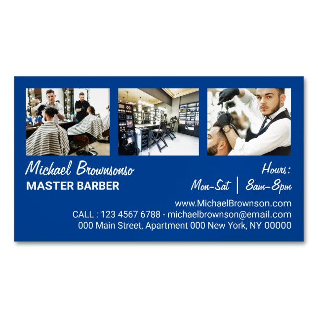 Barber Three Photo Simple Minimalist navy Magnetic Business Card (Front)