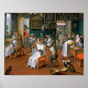 Barber's shop with Monkeys and Cats Poster