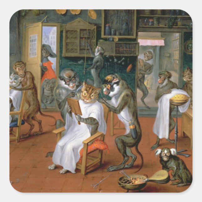 Barber's shop with Monkeys and Cats Square Sticker (Front)