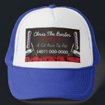 Barbershop Barber pole and clippers Trucker Hat<br><div class="desc">This is a CUSTOMIZABLE barber/barbershop trucker hat design. The design is represented by barbershop colours of blue and red. All artwork was created and illustrated by Dale Arthur of whizcreations.net.</div>