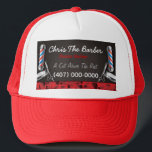 Barbershop Barber pole and clippers Trucker Hat<br><div class="desc">This is a CUSTOMIZABLE barber/barbershop trucker hat design. The design is represented by barbershop colours of blue and red. All artwork was created and illustrated by Dale Arthur of whizcreations.net.</div>