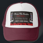 Barbershop Barber pole and clippers Trucker Hat<br><div class="desc">This is a CUSTOMIZABLE barber/barbershop trucker hat design. The design is represented by barbershop colours of blue and red. All artwork was created and illustrated by Dale Arthur of whizcreations.net.</div>