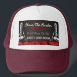 Barbershop Barber pole and clippers Trucker Hat<br><div class="desc">This is a CUSTOMIZABLE barber/barbershop trucker hat design. The design is represented by barbershop colours of blue and red. All artwork was created and illustrated by Dale Arthur of whizcreations.net.</div>