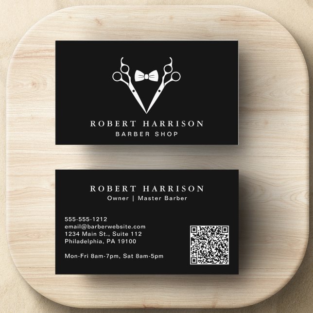 Barbershop Barber QR Code Black Business Card (Input your website address to create a scannable QR code)