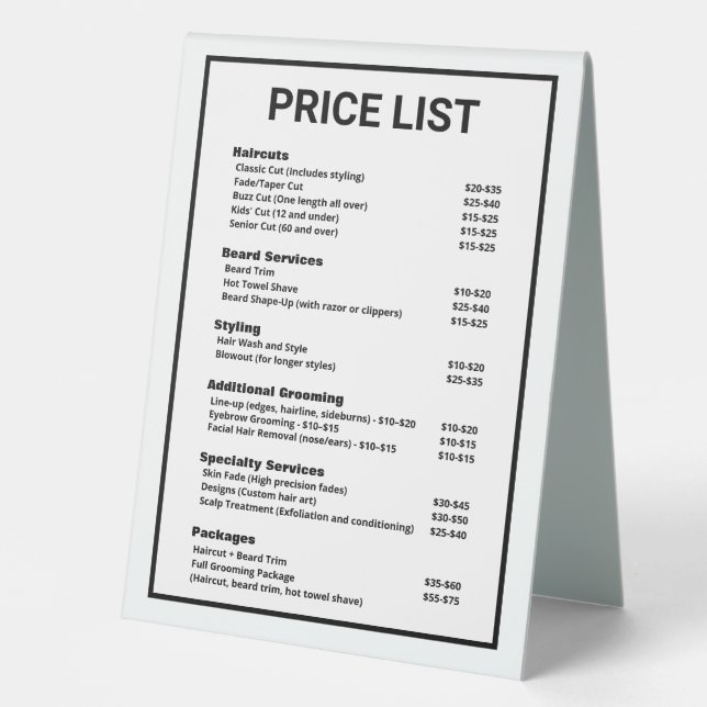 Barbershop Barber Shop Price List Service Menu  (Front)