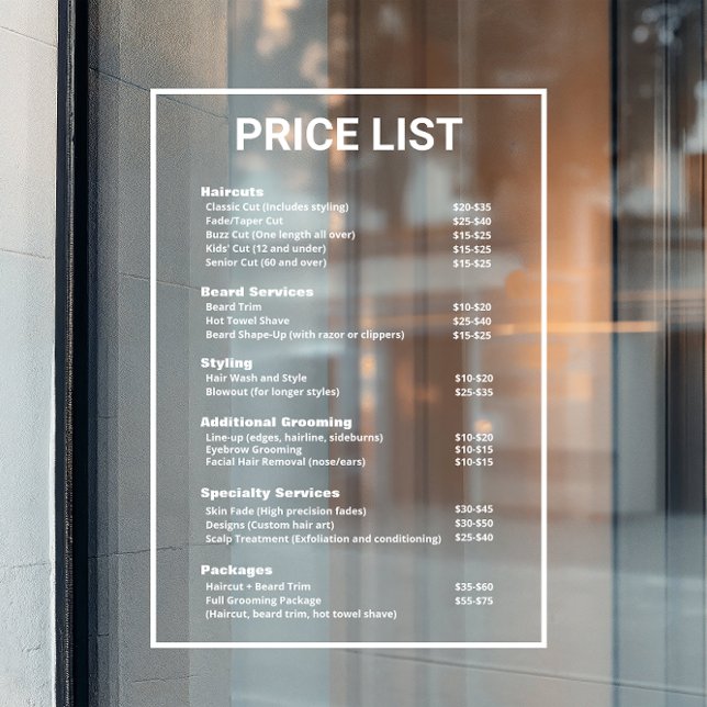 Barbershop Barber Shop Price List Service Menu  Window Cling (window cling price list in white lettering)