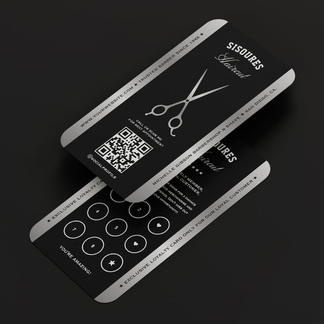 Barbershop Black Silver Scissors Elegant Loyalty Business Card (Barbershop Black Silver Scissors Elegant Loyalty Business Card
)
