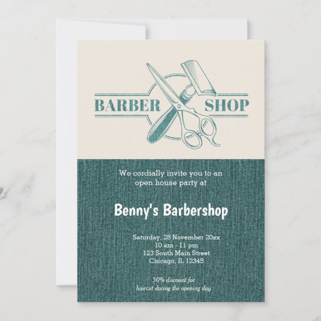 Barbershop blue jeans texture open day invitation (Front)
