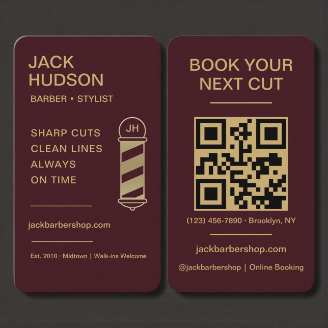 Barbershop Burgundy Gold Barber Haircut QR Code Business Card (Creator Uploaded)