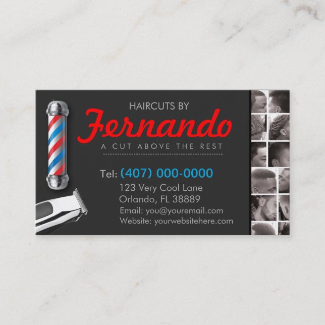 Barbershop Business Card-Barber pole, clippers com Business Card (Front)