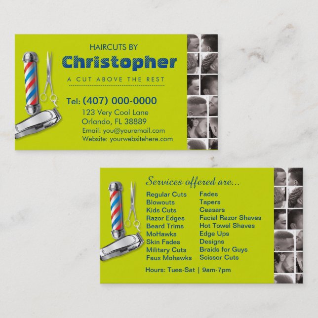 Barbershop Business Card-Barber pole, clippers com Business Card (Front/Back)