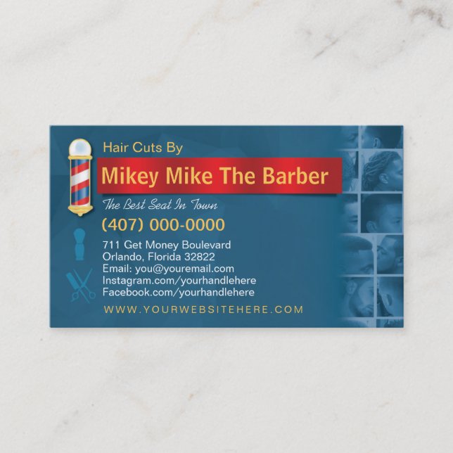 Barbershop Business Card-Barber pole, clippers com Business Card (Front)