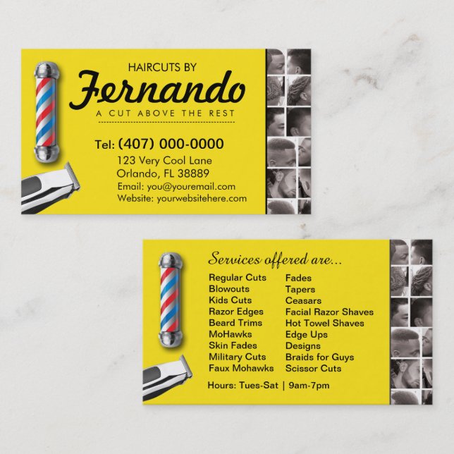 Barbershop Business Card-Barber pole, clippers com Card (Front/Back)