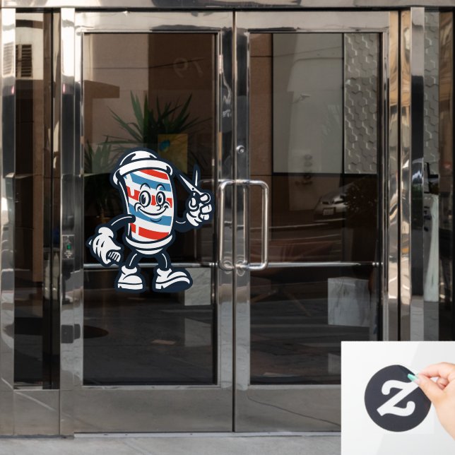 Barbershop Cartoon Barber Pole Character Window Cling (Office Door)