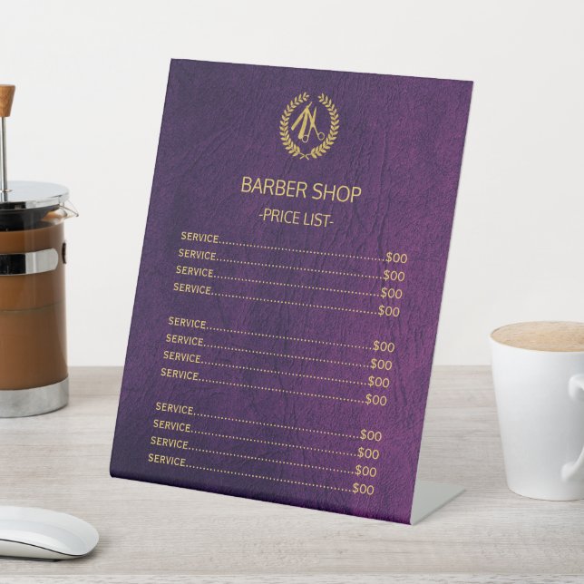 Barbershop faux purple leather price list services pedestal sign (In SItu)