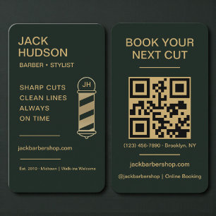 Barbershop Green Gold Barber Haircut QR Code Business Card