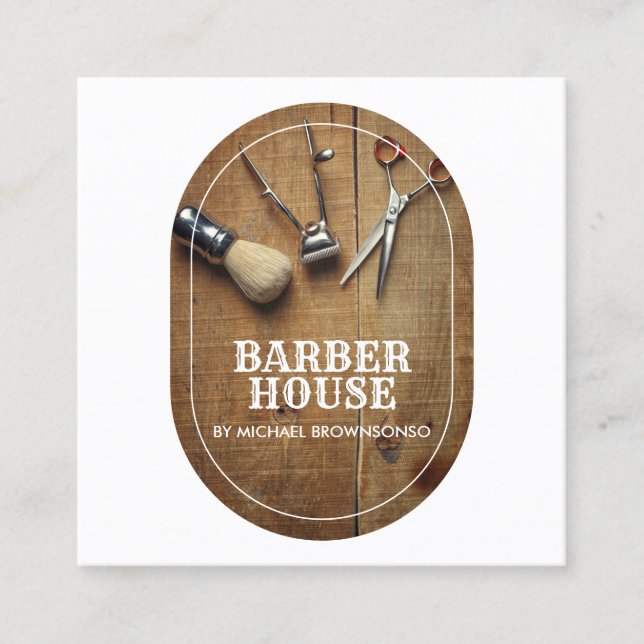 BarberShop hair stylist Rustic photo Square Business Card (Front)
