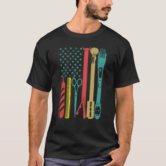 Barbershop hairStyle Hairdresser US flag Barber Ha T-Shirt (Front)