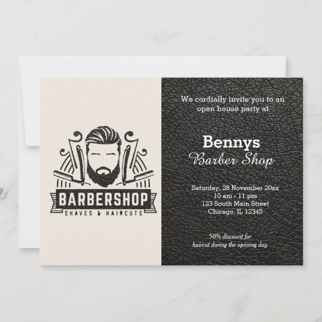 Barbershop leather look open day invitation (Front)