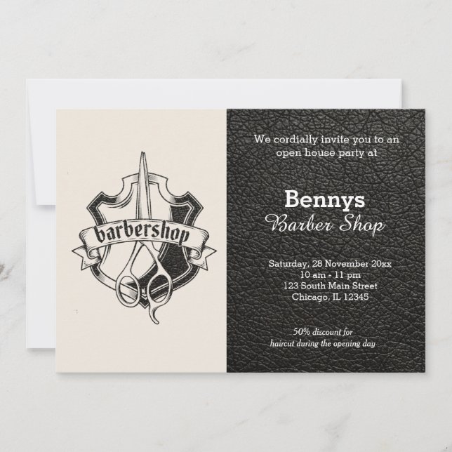 Barbershop leather look open day invitation (Front)