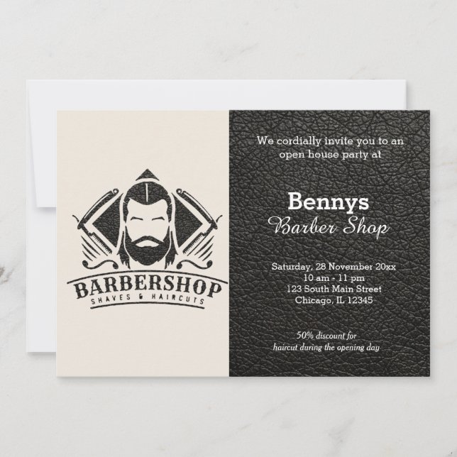 Barbershop leather look open day invitation (Front)