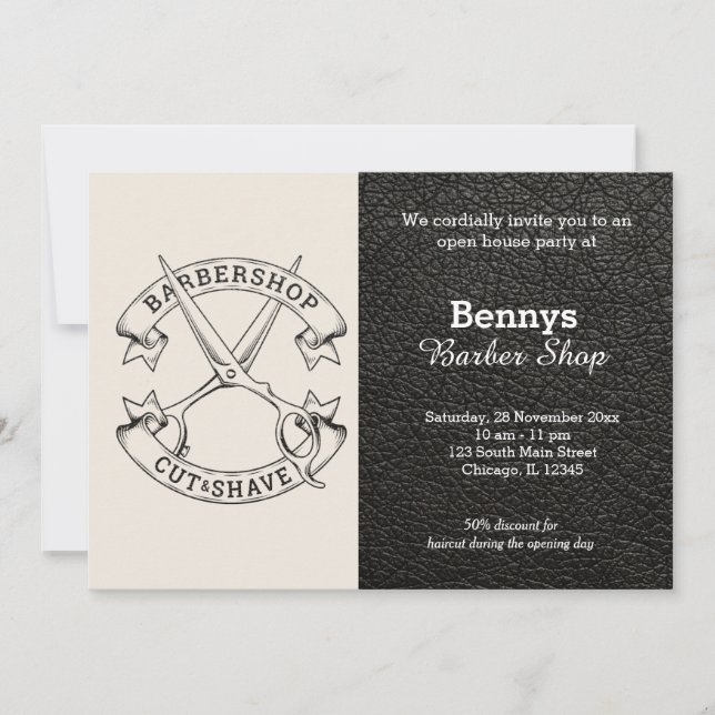 Barbershop leather look open day invitation (Front)