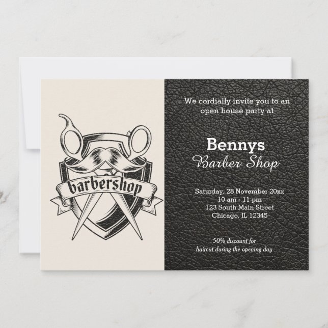Barbershop leather look open day invitation (Front)