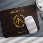 Barbershop logo and name personalised brown gold mouse mat<br><div class="desc">Barber shop men salon mouse pad with faux gold logo and barber shp name typography script on a dark brown leather look (PRINTED,  NO REAL LEATHER) background.             You can change the predefined logo with your own.</div>