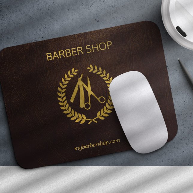 Barbershop logo and name personalised brown gold mouse mat (The leather is PRINTED, NO REAL LEATHER TEXTURE)