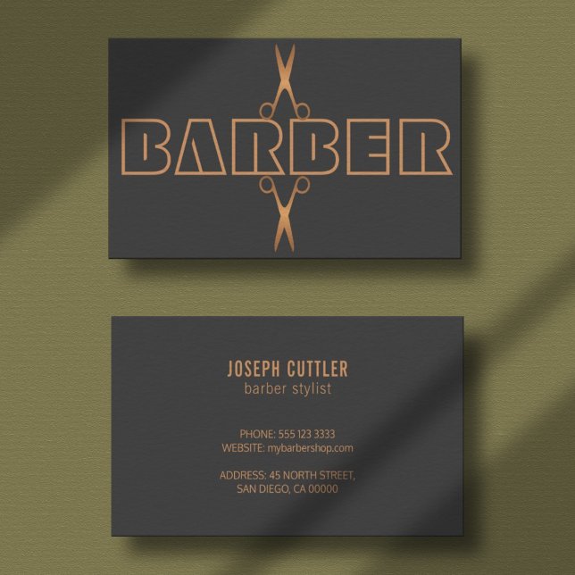 Barbershop modern copper logo script grey business card (Creator Uploaded)