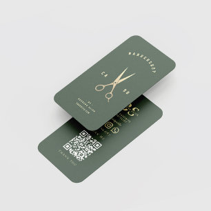 Barbershop Monogram Gold Scissors Barber Green Business Card