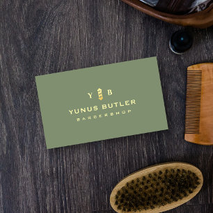 Barbershop Monogram Sage Green Gold Barber Pole Business Card