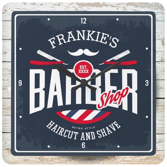 Barbershop NAME Haircut Shave Retro Barber Shop Square Wall Clock (Creator Uploaded)