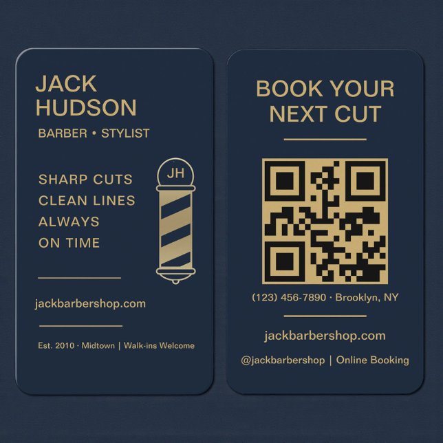 Barbershop Navy Blue Gold Barber Haircut QR Code Business Card (Creator Uploaded)