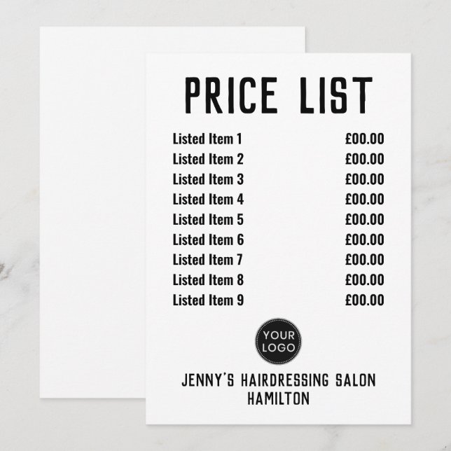 Barbershop or Hairdresser Price List Card (Front/Back)