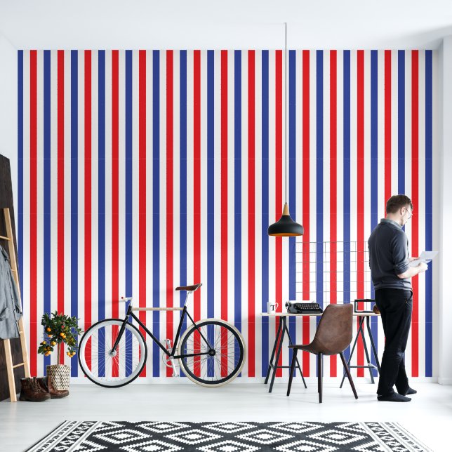 Barbershop Red, White and Blue Vertical Stripe Wallpaper (Living Room)
