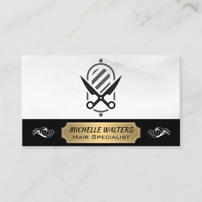 Barbershop Scissors | Barber Pole Logo Business Card (Front)