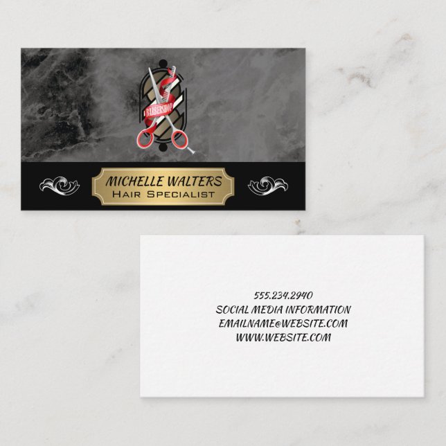 Barbershop Scissors | Barber Pole Logo Business Card (Front/Back)
