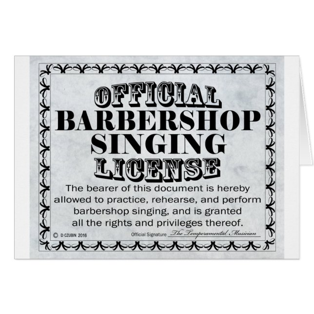 Barbershop Singing License (Front Horizontal)