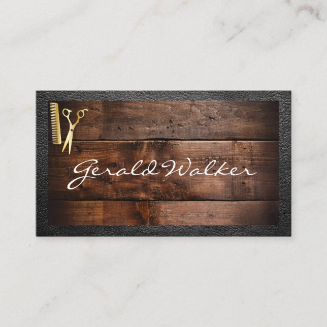 Barbershop | Wood | Leather Border Business Card (Front)