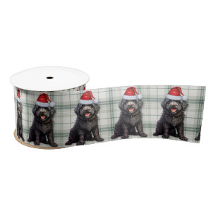 Barbet Black Dog Holiday Plaid Funny Christmas Satin Ribbon