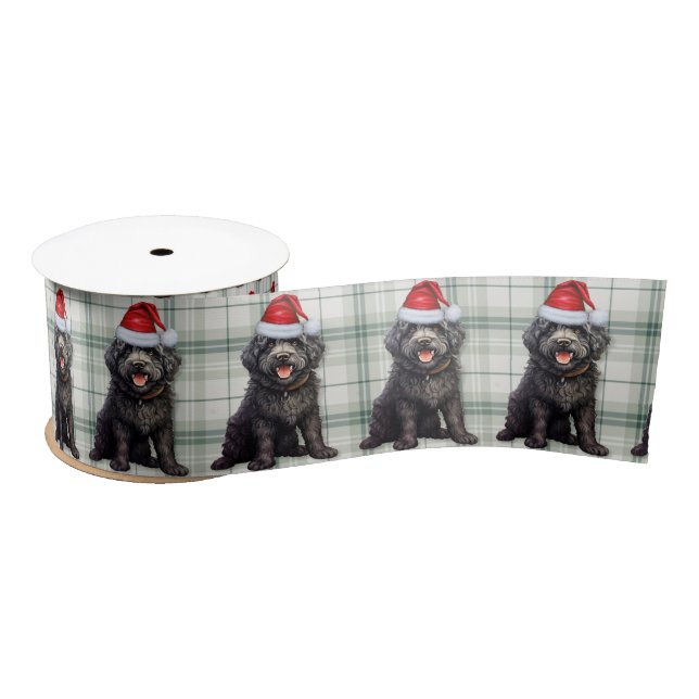 Barbet Black Dog Holiday Plaid Funny Christmas Satin Ribbon (Spool)