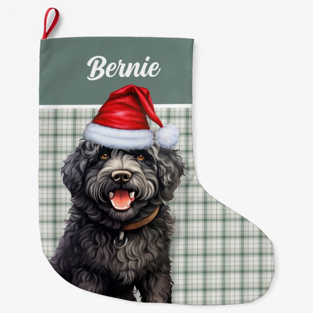 Barbet Dog Green Plaid with Name Large Christmas Stocking (Front)
