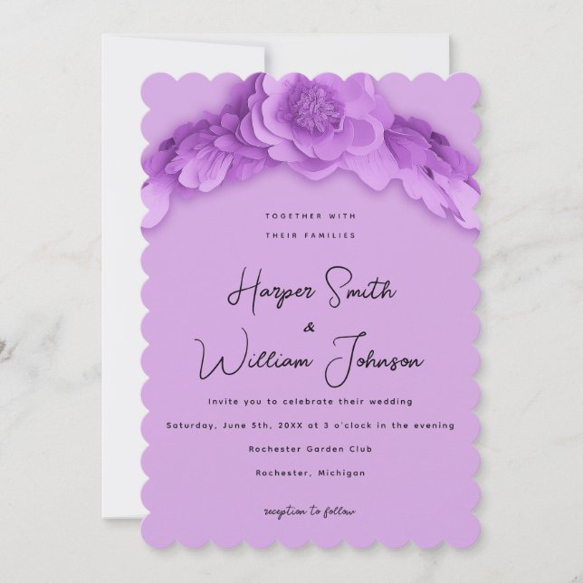 barbie-inspired purple floral wedding invitation (Front)