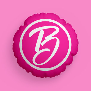 Barbiecore Hot Pink White Calligraphy Monogram Round Cushion