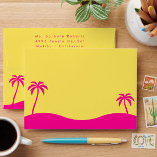 Barbiecore Hot Pink Yellow Beach Palm Silhouette Envelope